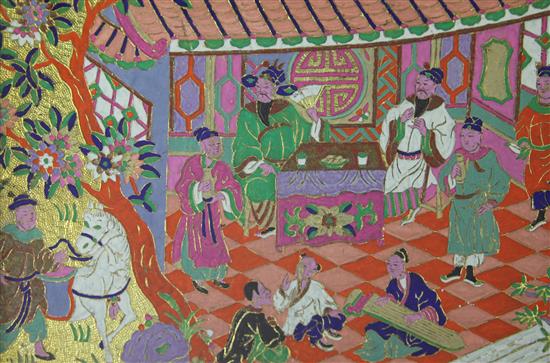 An unusual set of three Chinese paintings on gilt foil, 19th century, images 20 x 32cm